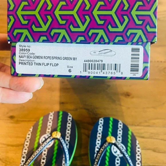 New Tory Burch Navy Sea Gemeni Rope Spring Green Flip Flops Size 6 Style 38959 - Picture 6 of 9